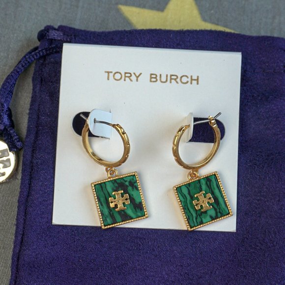 Tory Burch Square Huggie Drop Earrings in Semiprecious Stone bohemian 18k gold - Picture 1 of 3
